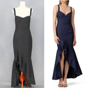 NWT FAME and PARTNERS The Bromley Gown Dress in Black Ruffle Slit Front Size 6